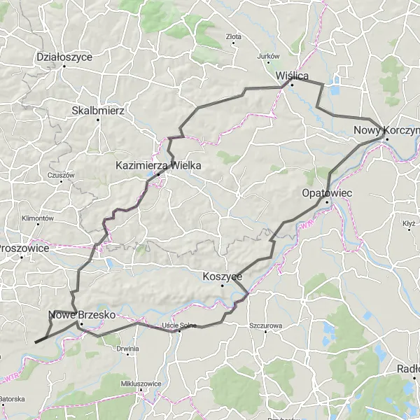 Map miniature of "Historical Towns and Nature Loop" cycling inspiration in Małopolskie, Poland. Generated by Tarmacs.app cycling route planner