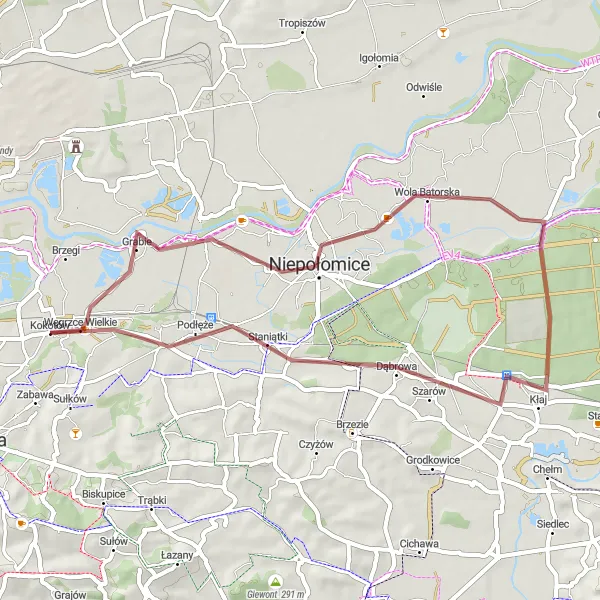 Miniatura mapy "Trasy rowerowe w pobliżu Węgrzec Wielkich - Niepołomice, Kobyla Głowa, Kłaj, Winnica, Kokotów" - trasy rowerowej w Małopolskie, Poland. Wygenerowane przez planer tras rowerowych Tarmacs.app