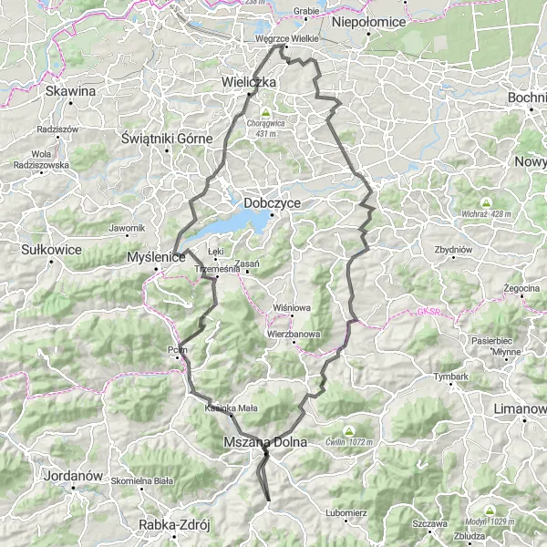 Miniatura mapy "Długa trasa szosowa przez Szczyrzyc i Mszaną Dolną" - trasy rowerowej w Małopolskie, Poland. Wygenerowane przez planer tras rowerowych Tarmacs.app