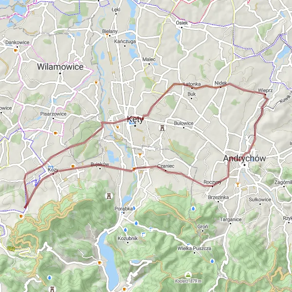 Miniatura mapy "Trasa Gravelowa Roczyny-Kozy-Kęty" - trasy rowerowej w Małopolskie, Poland. Wygenerowane przez planer tras rowerowych Tarmacs.app