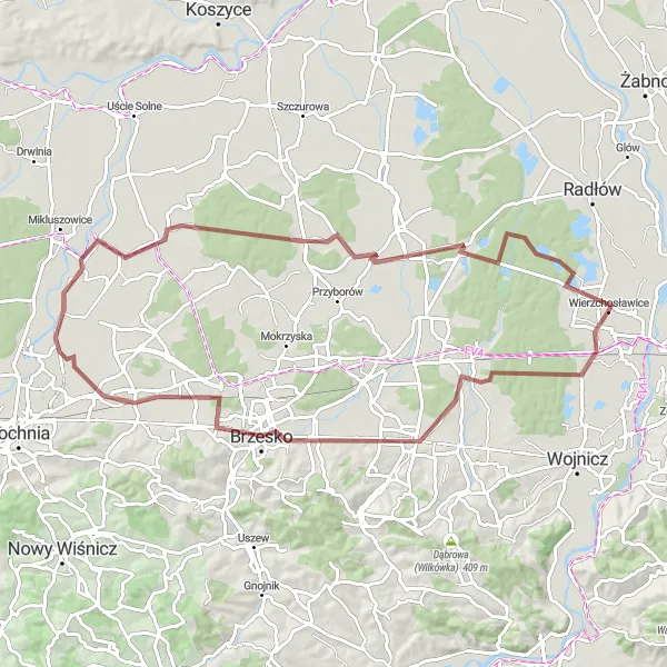 Miniatura mapy "Trasa Jastew - Wierzchosławice" - trasy rowerowej w Małopolskie, Poland. Wygenerowane przez planer tras rowerowych Tarmacs.app