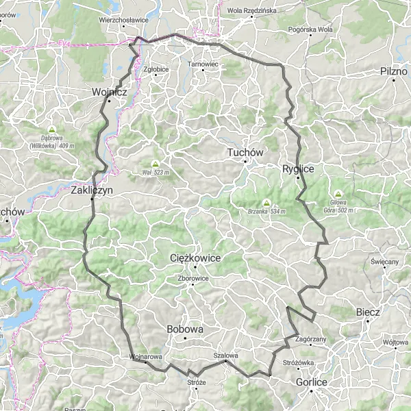 Map miniature of "Tarnów to Panieńska Góra Loop" cycling inspiration in Małopolskie, Poland. Generated by Tarmacs.app cycling route planner