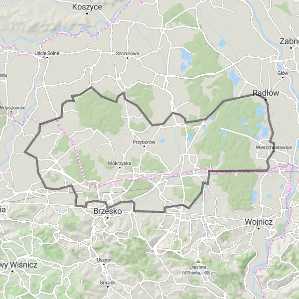 Map miniature of "Wola Dębińska to Radłów Loop" cycling inspiration in Małopolskie, Poland. Generated by Tarmacs.app cycling route planner