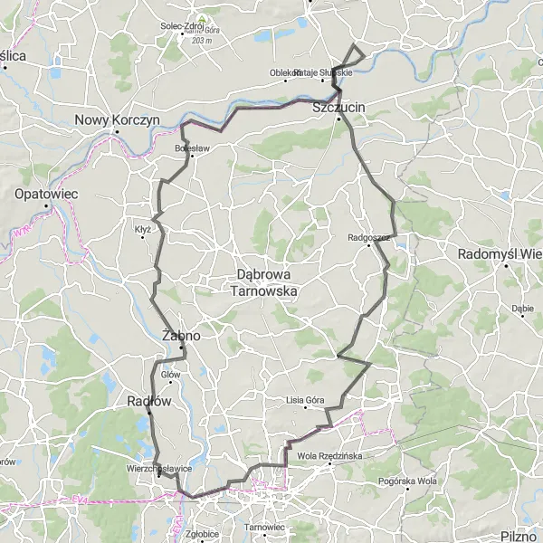 Map miniature of "Żabno to Gosławice Loop" cycling inspiration in Małopolskie, Poland. Generated by Tarmacs.app cycling route planner