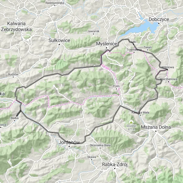 Map miniature of "The Road Cycling Challenge to Gródek and Sarnia" cycling inspiration in Małopolskie, Poland. Generated by Tarmacs.app cycling route planner