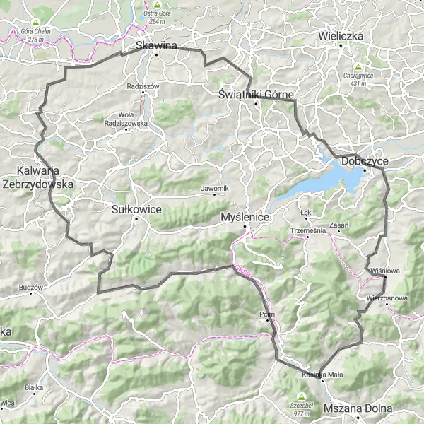 Miniatura mapy "Trasa przez Gródek i Dobczyce" - trasy rowerowej w Małopolskie, Poland. Wygenerowane przez planer tras rowerowych Tarmacs.app