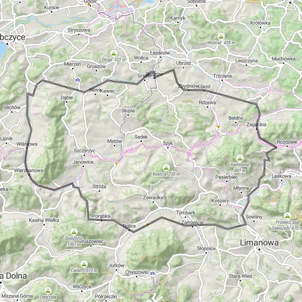 Miniatura mapy "Trasa przez Tuszynę i Tymbark" - trasy rowerowej w Małopolskie, Poland. Wygenerowane przez planer tras rowerowych Tarmacs.app