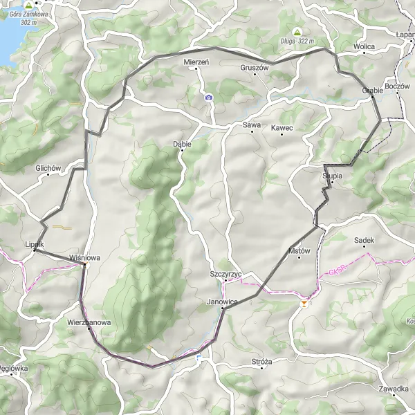 Map miniature of "Tuszyna and Wierzbanowa Loop" cycling inspiration in Małopolskie, Poland. Generated by Tarmacs.app cycling route planner