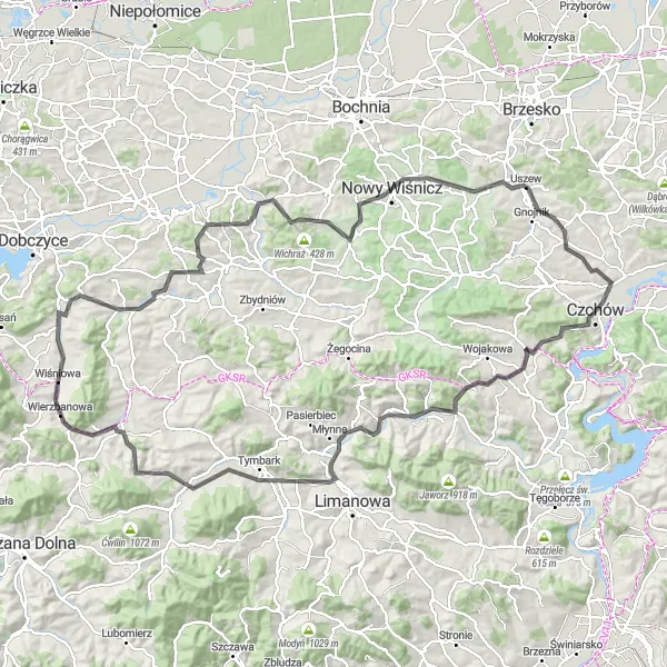 Map miniature of "Wisniowa - Tarnawka Round-Trip" cycling inspiration in Małopolskie, Poland. Generated by Tarmacs.app cycling route planner
