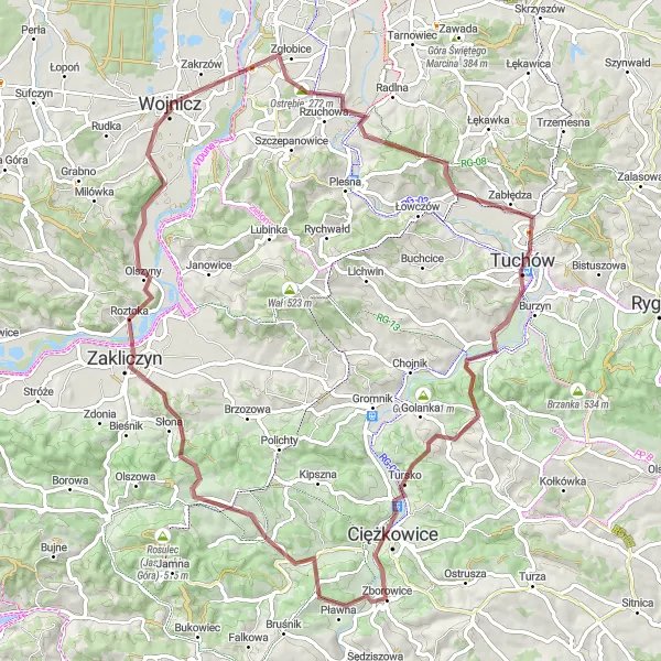 Map miniature of "Nature and History Tour of Tuchów and Zakliczyn" cycling inspiration in Małopolskie, Poland. Generated by Tarmacs.app cycling route planner