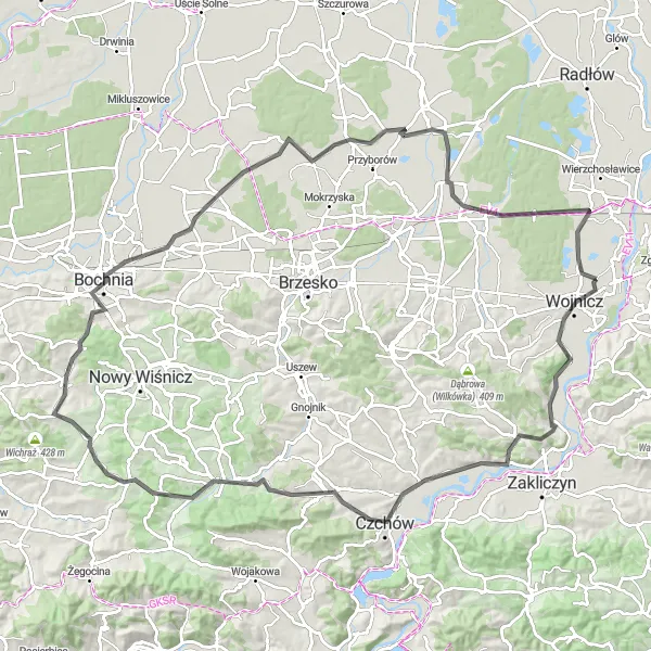 Map miniature of "Scenic Tour of Melsztyn and Łętowice" cycling inspiration in Małopolskie, Poland. Generated by Tarmacs.app cycling route planner