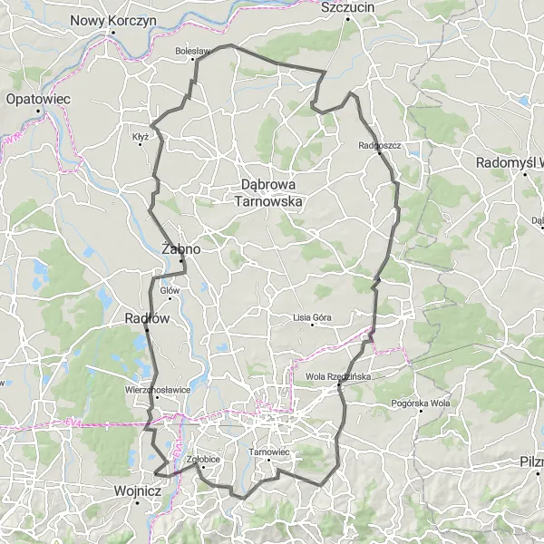 Map miniature of "Wierzchosławice and Radgoszcz Exploration" cycling inspiration in Małopolskie, Poland. Generated by Tarmacs.app cycling route planner