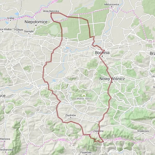 Map miniature of "The Wola Batorska Gravel Adventure" cycling inspiration in Małopolskie, Poland. Generated by Tarmacs.app cycling route planner