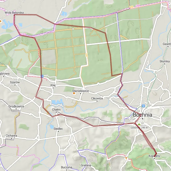 Map miniature of "The Wola Batorska Gravel Loop" cycling inspiration in Małopolskie, Poland. Generated by Tarmacs.app cycling route planner