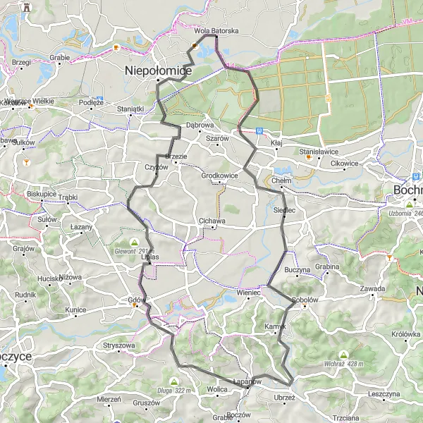 Map miniature of "Gdów Adventure" cycling inspiration in Małopolskie, Poland. Generated by Tarmacs.app cycling route planner