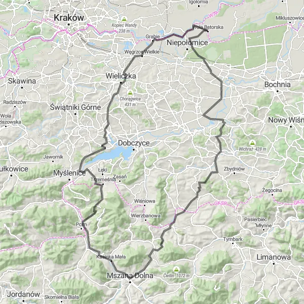 Map miniature of "Road to the Hills" cycling inspiration in Małopolskie, Poland. Generated by Tarmacs.app cycling route planner