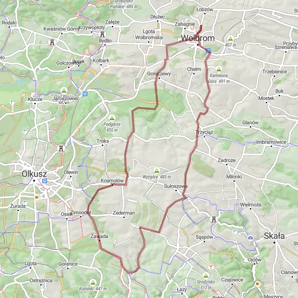 Map miniature of "Scenic Countryside Loop" cycling inspiration in Małopolskie, Poland. Generated by Tarmacs.app cycling route planner