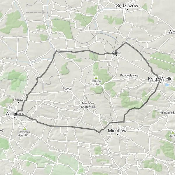 Map miniature of "Scenic Countryside and Tężnia Lecha" cycling inspiration in Małopolskie, Poland. Generated by Tarmacs.app cycling route planner