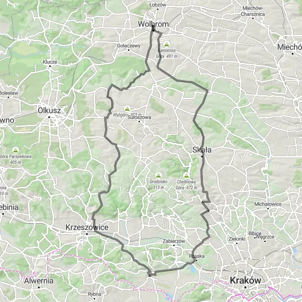 Miniatura mapy "Trasa rowerowa Szosowa z Wolbromia przez Glanów i Paczółtowice" - trasy rowerowej w Małopolskie, Poland. Wygenerowane przez planer tras rowerowych Tarmacs.app