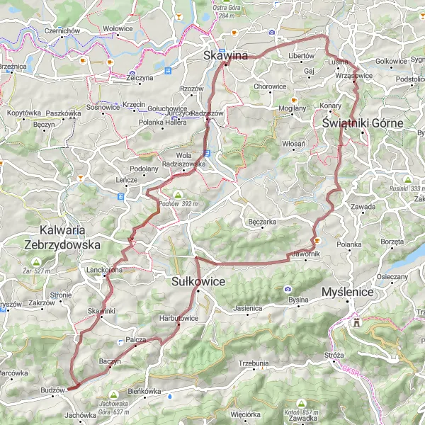 Miniatura mapy "Pajęczyna pól i lasów - 80 kilometrów na rowerze (gravel)" - trasy rowerowej w Małopolskie, Poland. Wygenerowane przez planer tras rowerowych Tarmacs.app