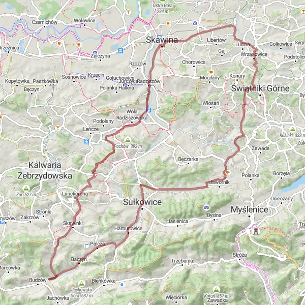 Map miniature of "Wrząsowice Countryside Loop" cycling inspiration in Małopolskie, Poland. Generated by Tarmacs.app cycling route planner