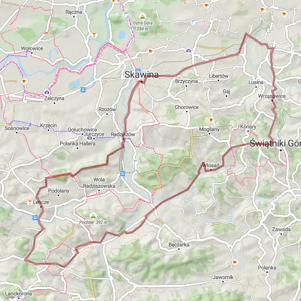 Map miniature of "Wrząsowice Gravel Adventure" cycling inspiration in Małopolskie, Poland. Generated by Tarmacs.app cycling route planner