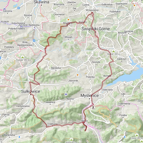 Map miniature of "Wrząsowice Gravel Challenge" cycling inspiration in Małopolskie, Poland. Generated by Tarmacs.app cycling route planner