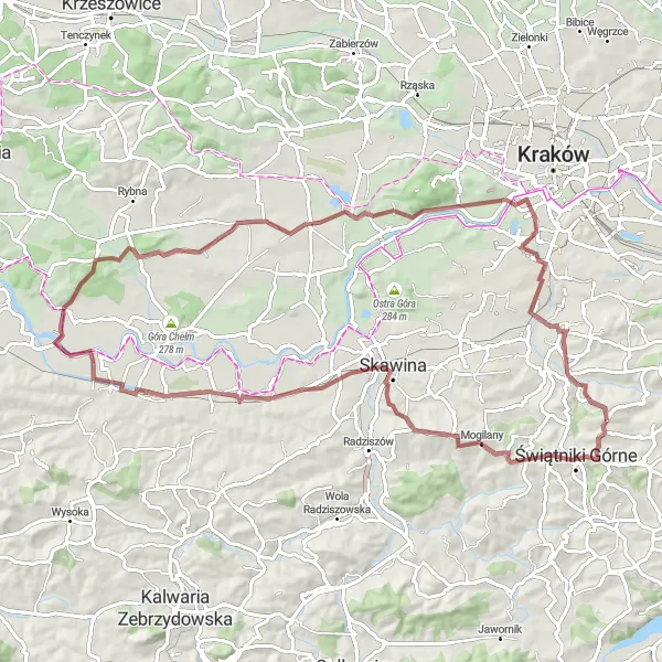 Map miniature of "Wrząsowice Gravel Loop" cycling inspiration in Małopolskie, Poland. Generated by Tarmacs.app cycling route planner