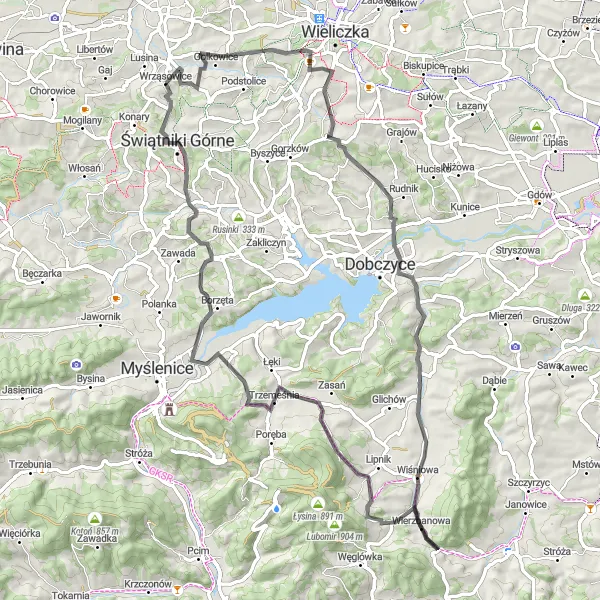 Map miniature of "Wrząsowice Challenge" cycling inspiration in Małopolskie, Poland. Generated by Tarmacs.app cycling route planner