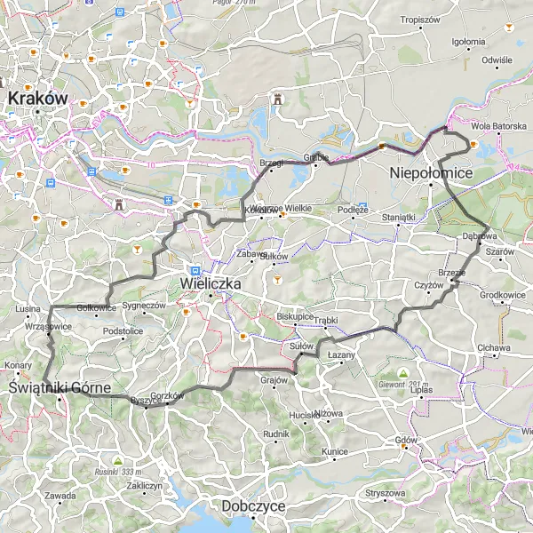 Map miniature of "Wrząsowice Castle Tour" cycling inspiration in Małopolskie, Poland. Generated by Tarmacs.app cycling route planner