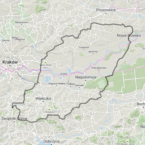 Map miniature of "Wrząsowice Loop" cycling inspiration in Małopolskie, Poland. Generated by Tarmacs.app cycling route planner