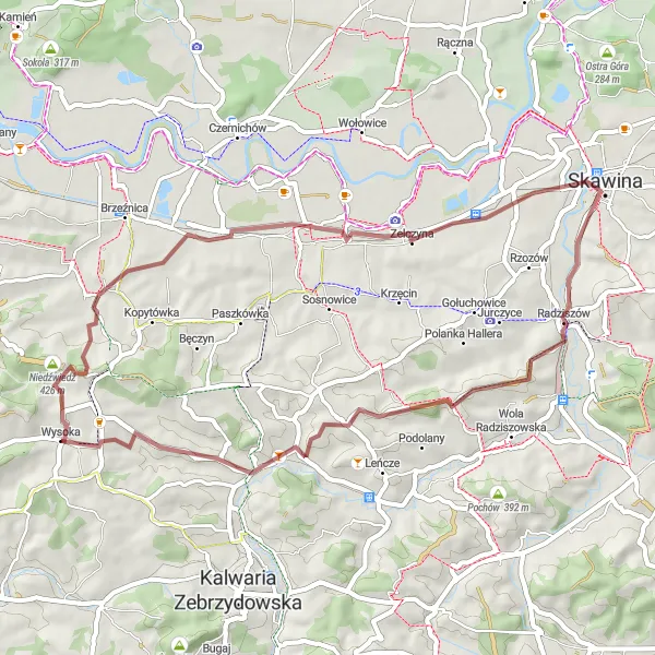 Map miniature of "Gravel Adventure through Małopolskie Countryside" cycling inspiration in Małopolskie, Poland. Generated by Tarmacs.app cycling route planner