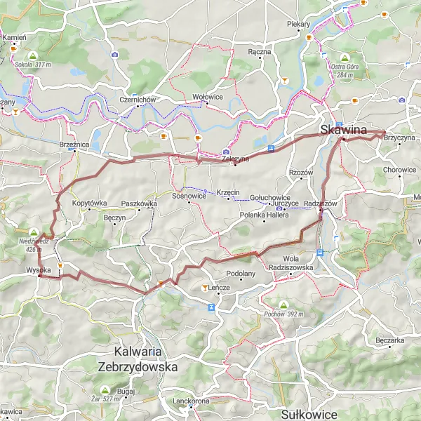 Map miniature of "Wysoka - Niedźwiedź - Marcyporęba - Zelczyna - Radziszów - Kiełek - Krowia Góra" cycling inspiration in Małopolskie, Poland. Generated by Tarmacs.app cycling route planner