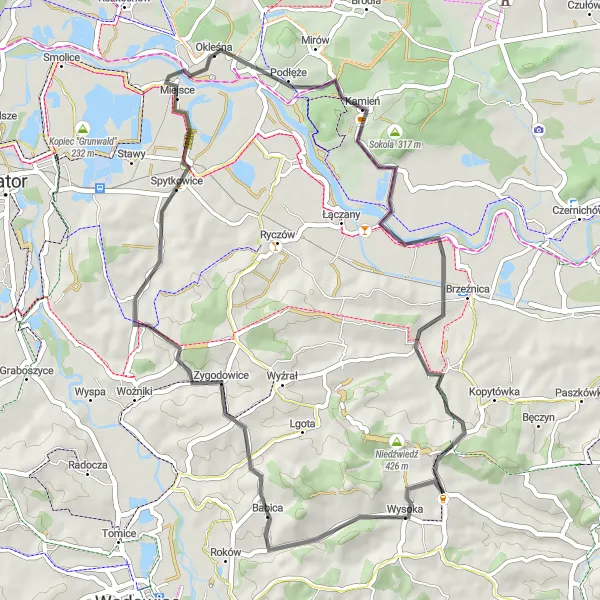 Map miniature of "Road Cycling Delights near Wysoka" cycling inspiration in Małopolskie, Poland. Generated by Tarmacs.app cycling route planner