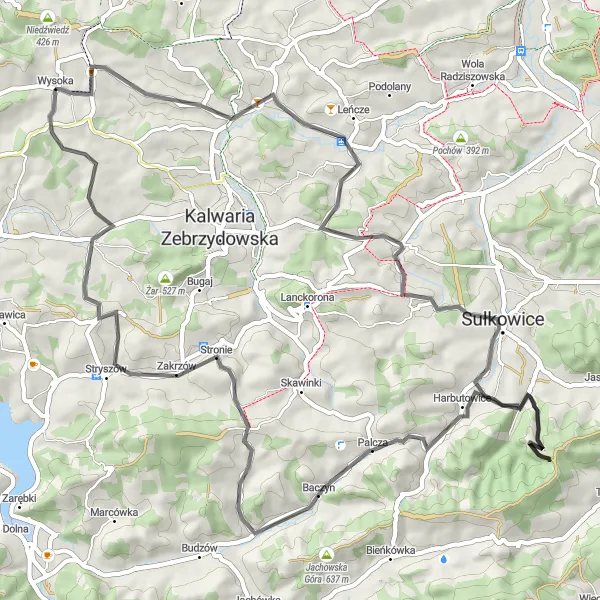 Map miniature of "Wysoka - Stanisław Górny - Krowia Góra - Góra Wielka - Trzebuńska Góra - Palcza - Stronie - Wysoka" cycling inspiration in Małopolskie, Poland. Generated by Tarmacs.app cycling route planner