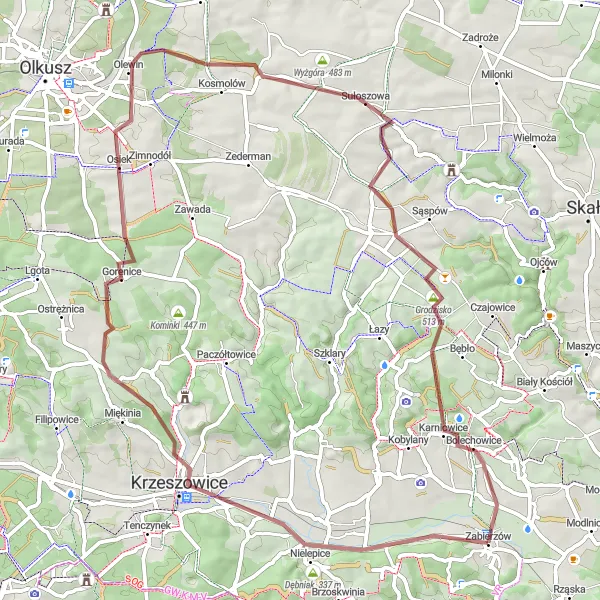 Miniatura mapy "Trasa gravelowa przez Jerzmanowice i Dębniak" - trasy rowerowej w Małopolskie, Poland. Wygenerowane przez planer tras rowerowych Tarmacs.app