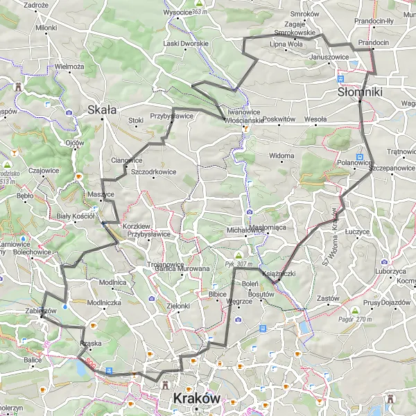 Map miniature of "Zabierzów Hills Challenge" cycling inspiration in Małopolskie, Poland. Generated by Tarmacs.app cycling route planner