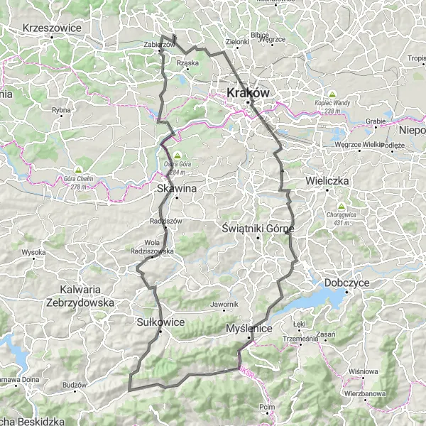 Miniatura mapy "Szlak do Zabierzowa przez Myślenice" - trasy rowerowej w Małopolskie, Poland. Wygenerowane przez planer tras rowerowych Tarmacs.app