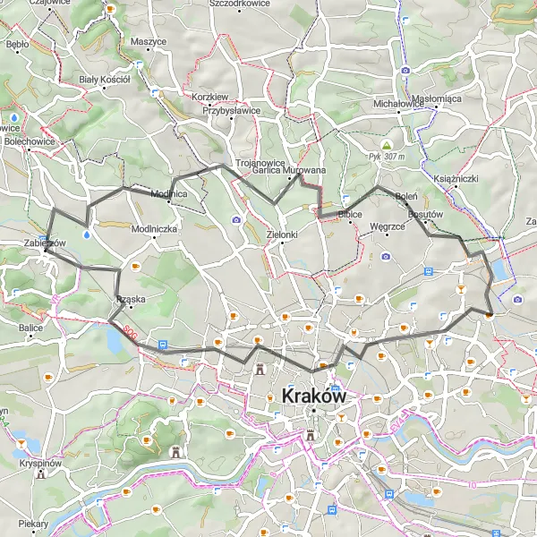 Miniatura mapy "Malownicza trasa z widokiem na Staw Kaczeńcowy" - trasy rowerowej w Małopolskie, Poland. Wygenerowane przez planer tras rowerowych Tarmacs.app