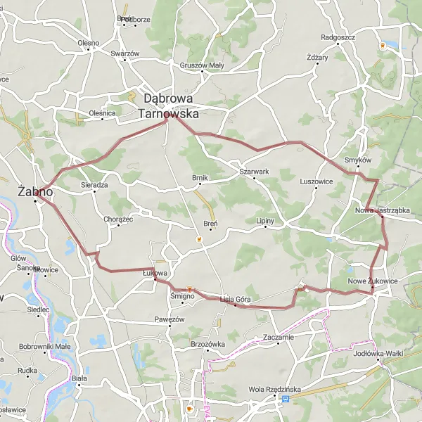 Map miniature of "Żabno - Łęg Tarnowski" cycling inspiration in Małopolskie, Poland. Generated by Tarmacs.app cycling route planner