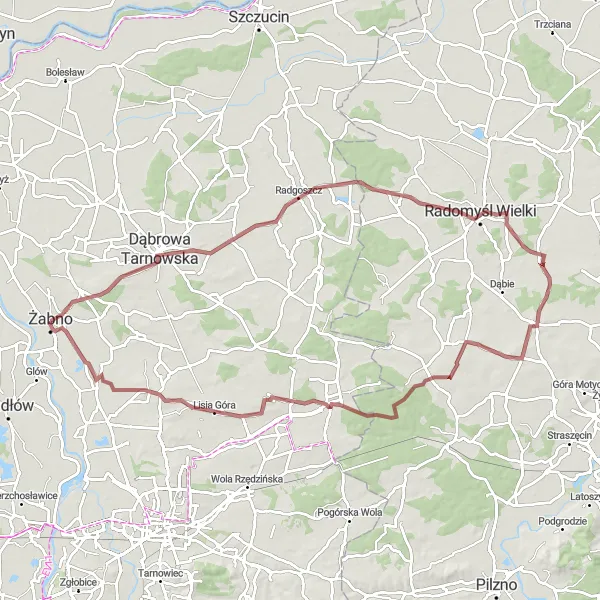 Map miniature of "Żabno - Łęg Tarnowski (Extended)" cycling inspiration in Małopolskie, Poland. Generated by Tarmacs.app cycling route planner