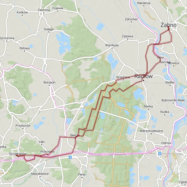 Map miniature of "Żabno to Bielcza Gravel Adventure" cycling inspiration in Małopolskie, Poland. Generated by Tarmacs.app cycling route planner