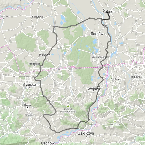 Map miniature of "Żabno - Niedomice" cycling inspiration in Małopolskie, Poland. Generated by Tarmacs.app cycling route planner