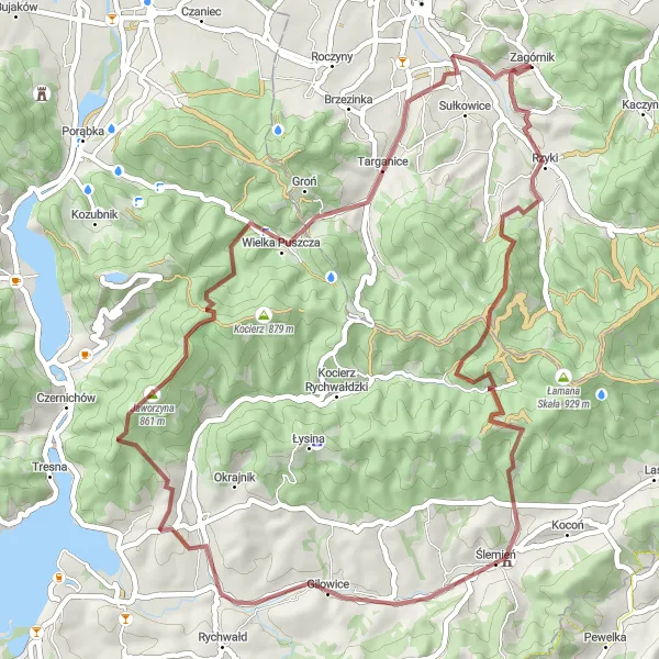 Map miniature of "Gravel Adventure in the Beskids" cycling inspiration in Małopolskie, Poland. Generated by Tarmacs.app cycling route planner