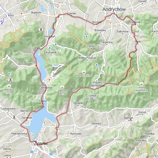 Map miniature of "Lake and Countryside" cycling inspiration in Małopolskie, Poland. Generated by Tarmacs.app cycling route planner