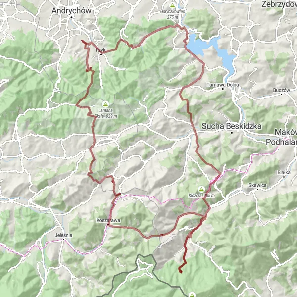 Map miniature of "Mountainous Adventure" cycling inspiration in Małopolskie, Poland. Generated by Tarmacs.app cycling route planner