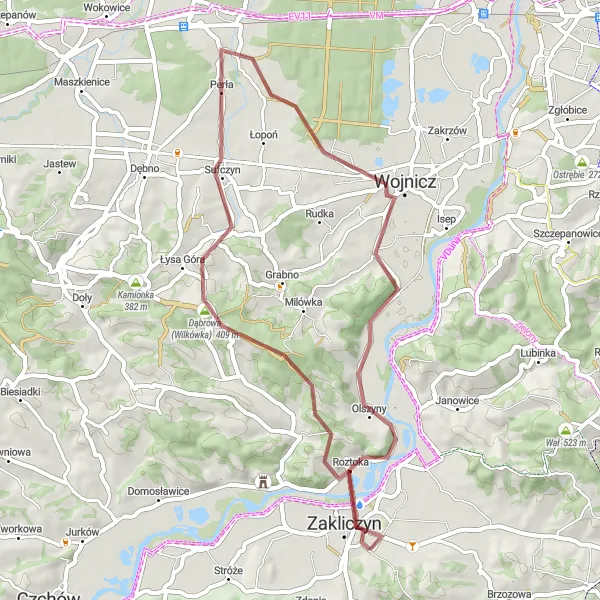 Map miniature of "Scenic Gravel Ride to Zawada Lanckorońska" cycling inspiration in Małopolskie, Poland. Generated by Tarmacs.app cycling route planner