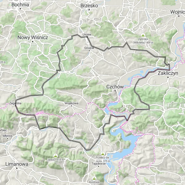 Map miniature of "Zakliczyn and Surrounding Villages" cycling inspiration in Małopolskie, Poland. Generated by Tarmacs.app cycling route planner