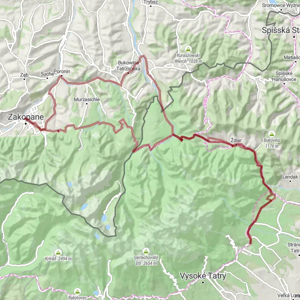 Map miniature of "The Tatra Gravel Adventure" cycling inspiration in Małopolskie, Poland. Generated by Tarmacs.app cycling route planner