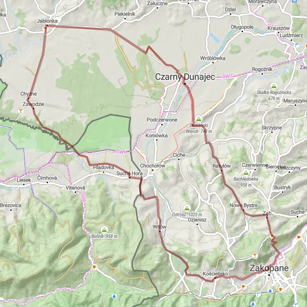 Map miniature of "The Tatra Gravel Escape" cycling inspiration in Małopolskie, Poland. Generated by Tarmacs.app cycling route planner